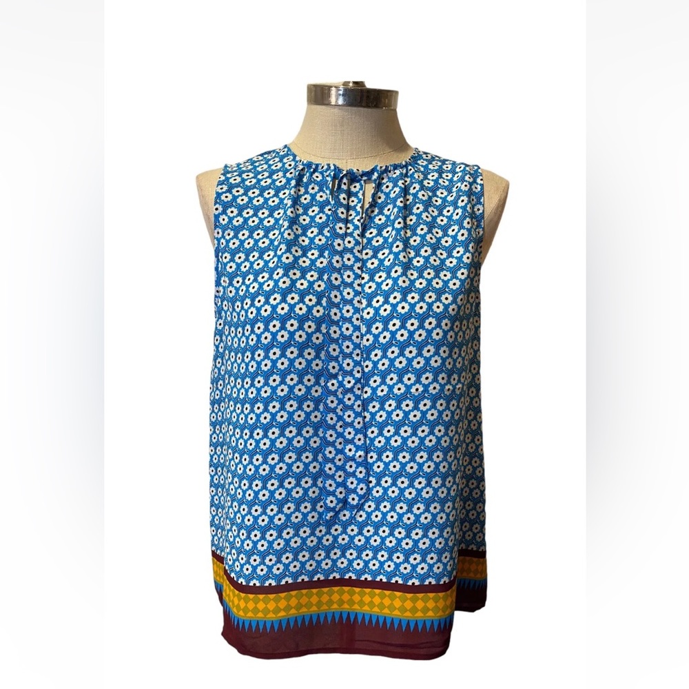 Carolina Belle Blue Floral Sleeveless Tank with Multicolor Border